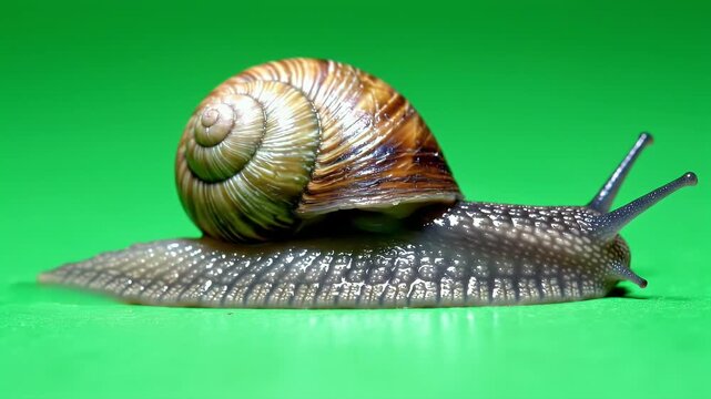 Detailed macro shot of a garden snail with a swirling shell on a vibrant green background