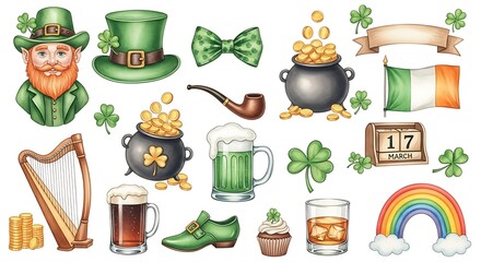 Obraz premium A collection of St. Patrick's Day illustrations featuring leprechaun, shamrocks, and Irish symbols