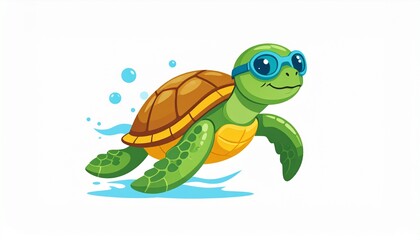 Fototapeta premium Smiling turtle wearing goggles swims through ocean water