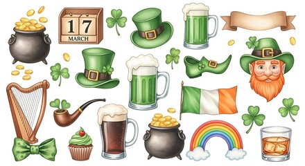 Obraz premium A collection of St. Patrick's Day themed illustrations, including symbols and icons