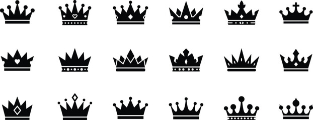 Crown icon set, royal king queen tiara silhouette vector collection © Tuhin