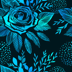 Naklejka premium Seamless background with blue neon flowers rose. Hand drawn. Not AI, vector illustration.