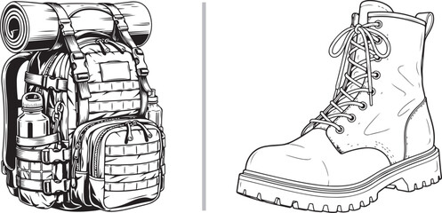 A detailed line art vector featuring a heavy-duty tactical rucksack with a rolled sleeping mat and a rugged lace-up combat boot. Ideal for themes of hiking, military trekking, and outdoor survival. © reza