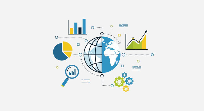 Infographic elements with globe and graphs.