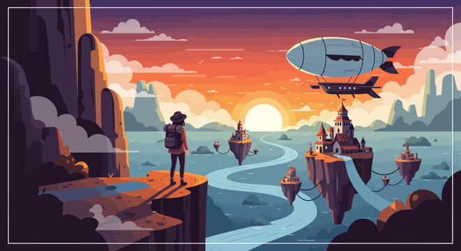 Man in hat looks at blimp.