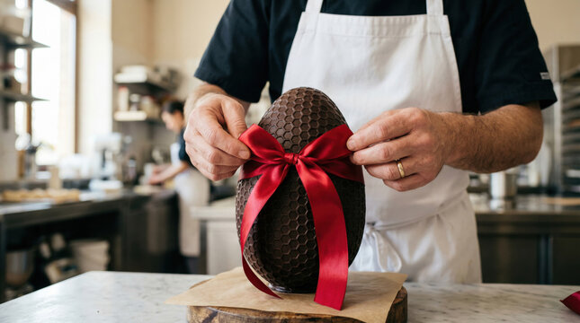 Chocolatier tying red ribbon on chocolate easter egg
