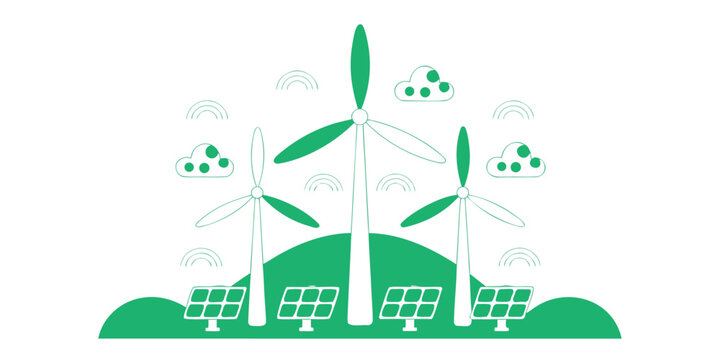 Sustainable green energy illustration with wind turbines and solar panels on a green hill for eco-friendly concepts.