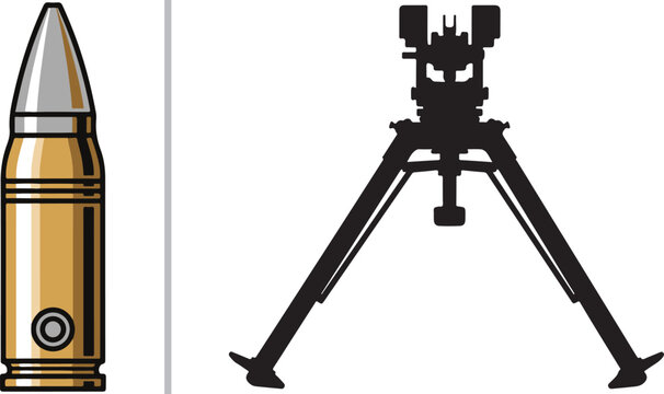 A vector graphic featuring a detailed gold and silver bullet on the left and a black silhouette of a weapon tripod on the right, separated by a vertical gray line.