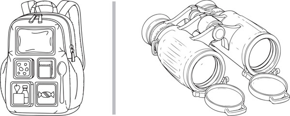 Line art vector featuring a backpack with survival gear compartments and a pair of professional binoculars. Perfect for hiking, camping, and outdoor adventure themes. © reza