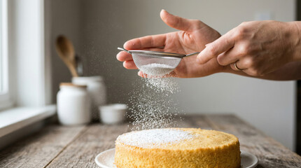 Obraz premium Hands dusting cake with powdered sugar using sieve