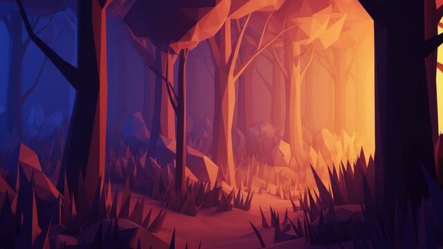 Stylized forest illustration with sunlight and geometric shapes