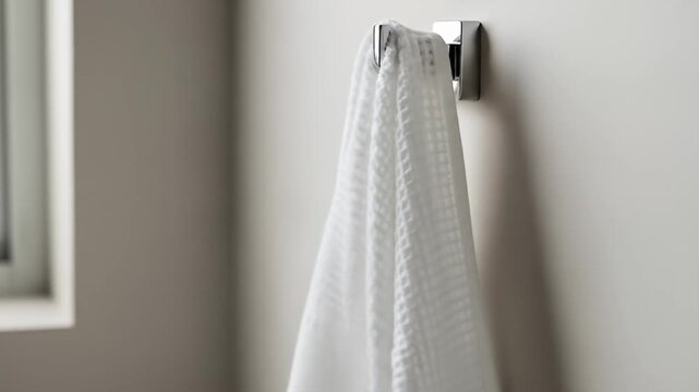 A person hanging a white towel on a hook in a bathroom.
