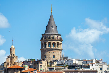 Fototapeta premium Galata Tower in Istanbul with observation deck and blue sky background.