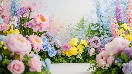 Colorful spring flowers and plants on pastel background