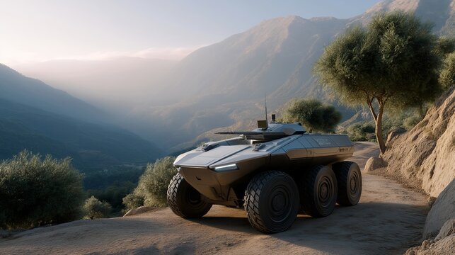Robotic minesweeper vehicle autonomously detecting and neutralizing land mines in a conflict zone landscape, perfect for autonomous demining technology, robotic mine clearance, military safety