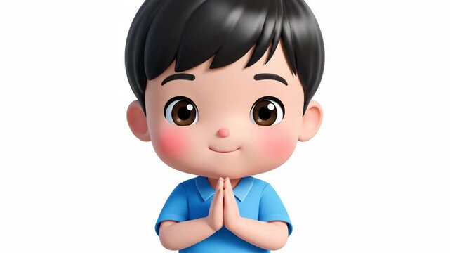 Cartoon boy with hands clasped in prayer on isolated white background