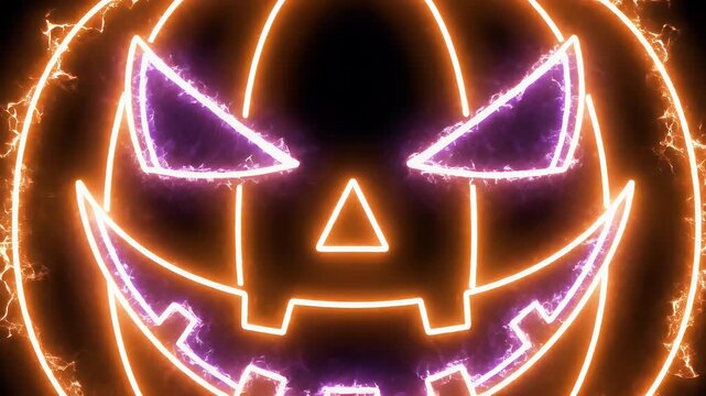 Glowing orange neon jack-o'-lantern face with spooky features on a black background