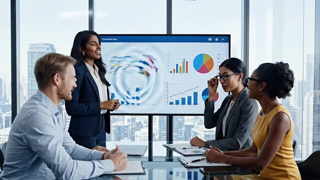 Colleagues in a modern office presenting data on a large screen