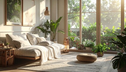 Fototapeta premium Sunlit Living Room with Plants and Large Windows.