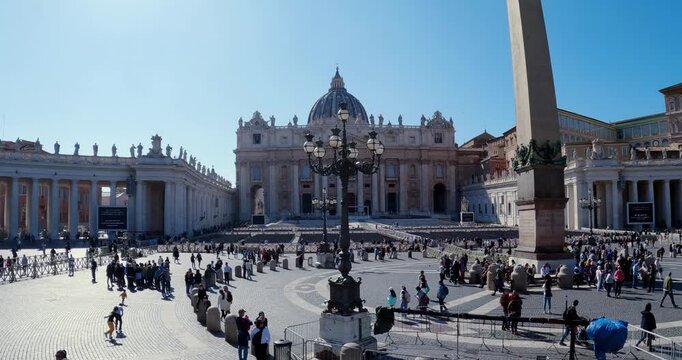 Aerial shot at St. Peter square in Vatican city center of Rome Italy, famous travel and religious tourism landmark cityscape capital of Pope