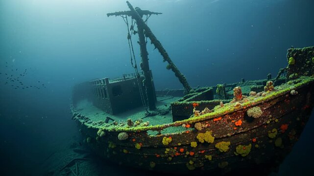 Ancient shipwreck surrounded by drifting fish and eerie underwater ambiance