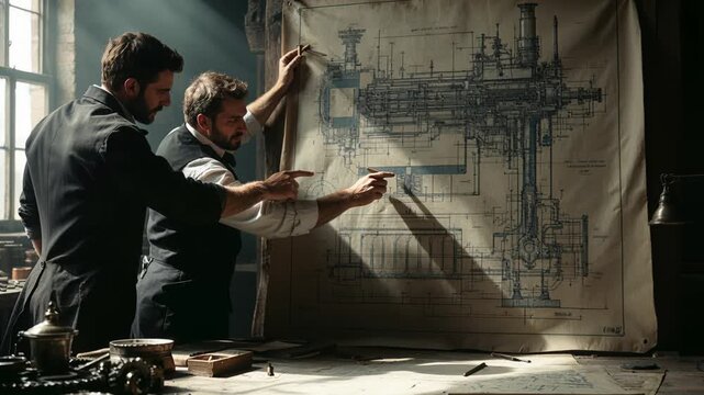 Two Caucasian Engineers Studying Large Blueprint In Factory