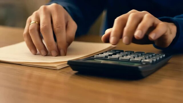 Close-up view of hands calculating with a calculator, documents at the desk, highlighting the importance of accuracy in business and finance.