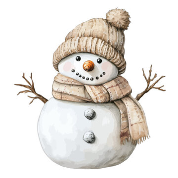 Cute Watercolor Snowman with Knitted Pom-Pom Beanie and Plaid Scarf Winter Holiday Clipart Vector