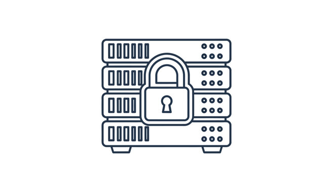Secure server data protection and cyber security icon with padlock and server rack.