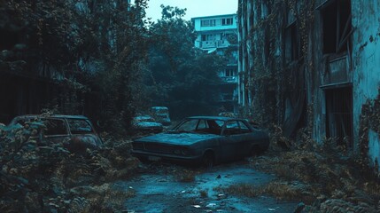 Obraz premium Abandoned cars in overgrown urban alleyway at dusk