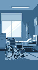Fototapeta premium Hospital Room Interior Illustration With Wheelchair, Bed, and Medical Equipment Representation