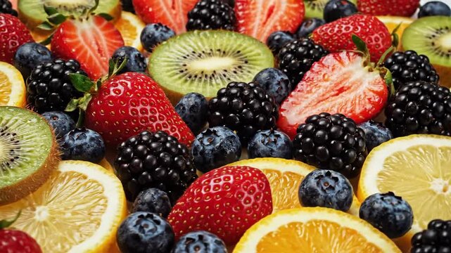 Vibrant Freshness: A Colorful Medley of Berries and Citrus Slices for Healthy Eating and Food Advertisements.