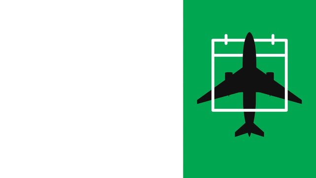 Travel web page template animation with calendar date outline and airplane silhouette flying vertically on green screen. 4K animated web page for travel flight booking and business presentation.