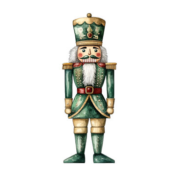 Watercolor Nutcracker soldier figure in green uniform and gold crown