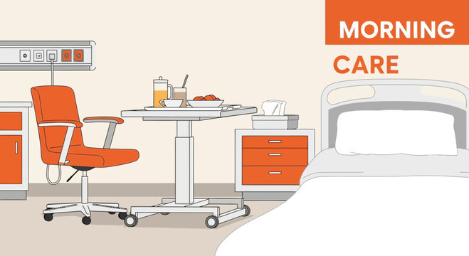 Hospital Room with Morning Care Details with Bedside Table, Chair, and Meal