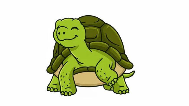 A cute cartoon turtle with a happy face and a winking eye standing alone on a plain white background
