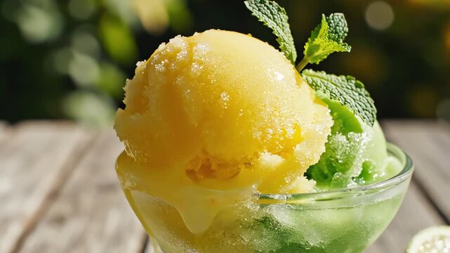 Refreshing citrus sorbet dessert in glass with mint leaves close up