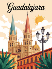 Fototapeta premium Guadalajara Wall Art Print, Mexico city poster featuring ornate cathedral and retro-style typography design