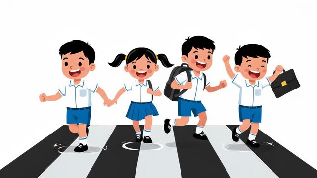 A group of happy children crossing a zebra crossing on a white background
