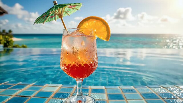 Refreshing tropical drink with ice and orange slice sits by a shimmering infinity pool