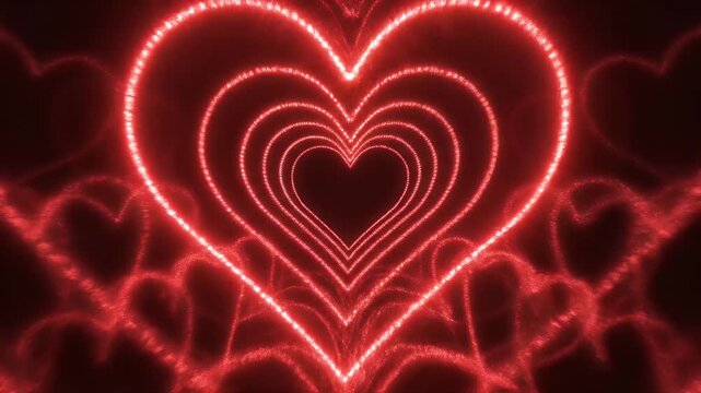 Glowing red heart shapes form a tunnel-like illusion against a dark background