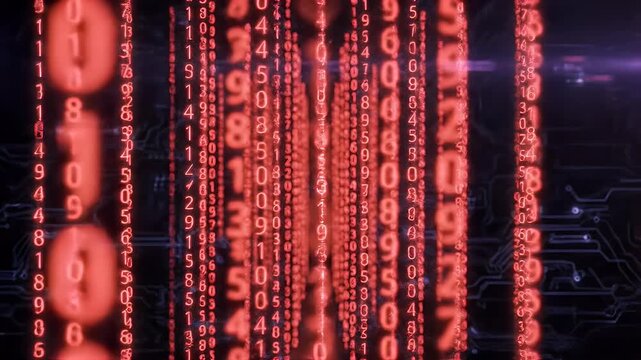 Red glowing numbers cascade down against a dark, circuit-like background
