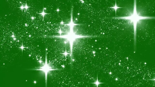 Sparkling white starbursts and dust motes scattered across a deep green background
