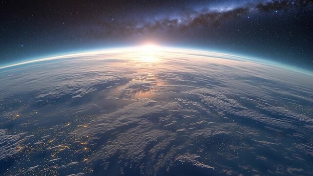 Sunrise over Earth seen from space with stars and galaxy in background, planet horizon and space exploration concept