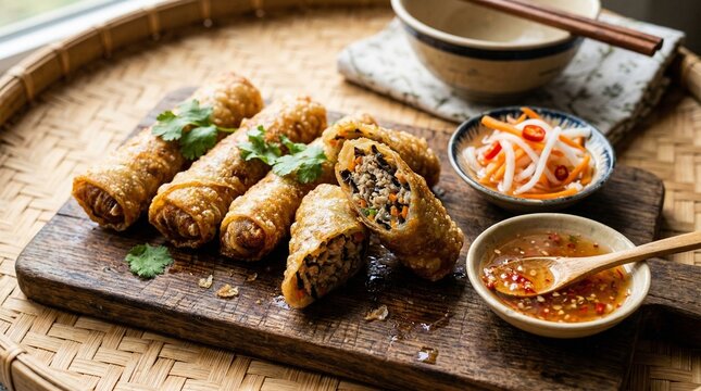 Crispy Vietnamese Fried Spring Rolls (Nem Ran) with Dipping Sauce and Pickled Vegetables