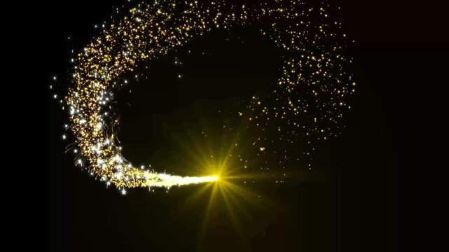 Magical golden glitter trail sparkles animation with black screen background, gold glitter light trail spiral with magic swirl path, Fairy Tail Glitter Particles Sparkling Glitter Awards 4K
