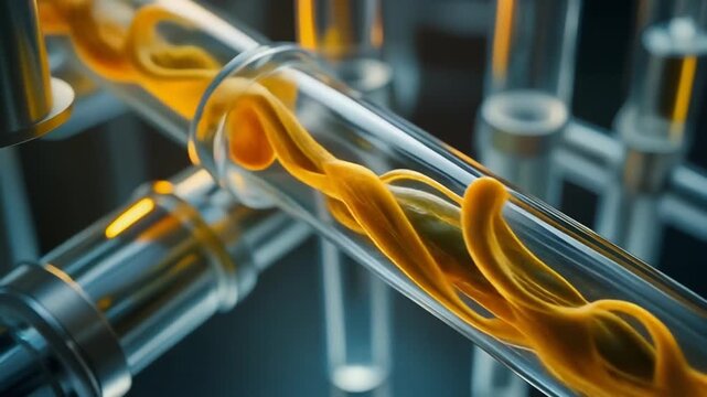 Industrial pipes with flowing orange liquid in a complex system viewed from a close-up perspective