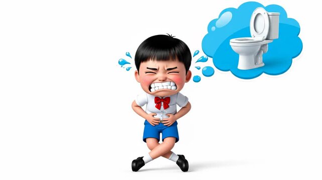 A cartoon boy clutching his stomach with a toilet in a thought bubble above his head in discomfort