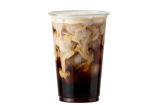 iced cold brew coffee with cascading cream and ice cubes in a clear plastic cup isolated cutout