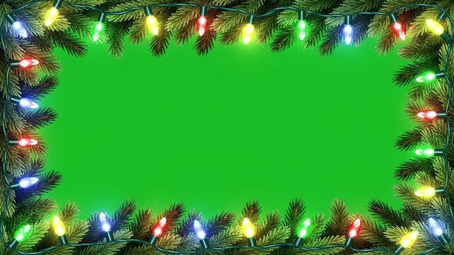 Festive green branches adorned with colorful lights form a decorative border